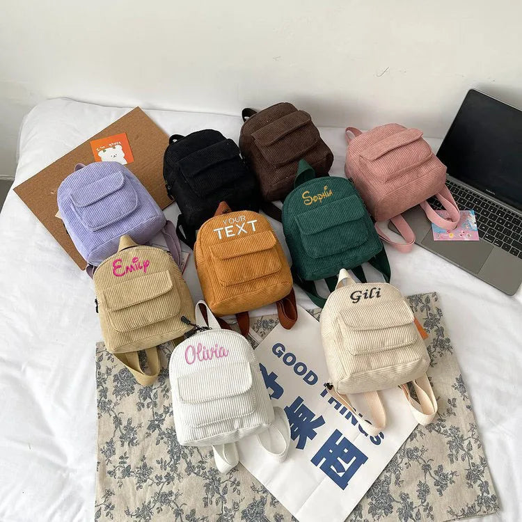 Embroidered Retro Corduroy Mini Backpack