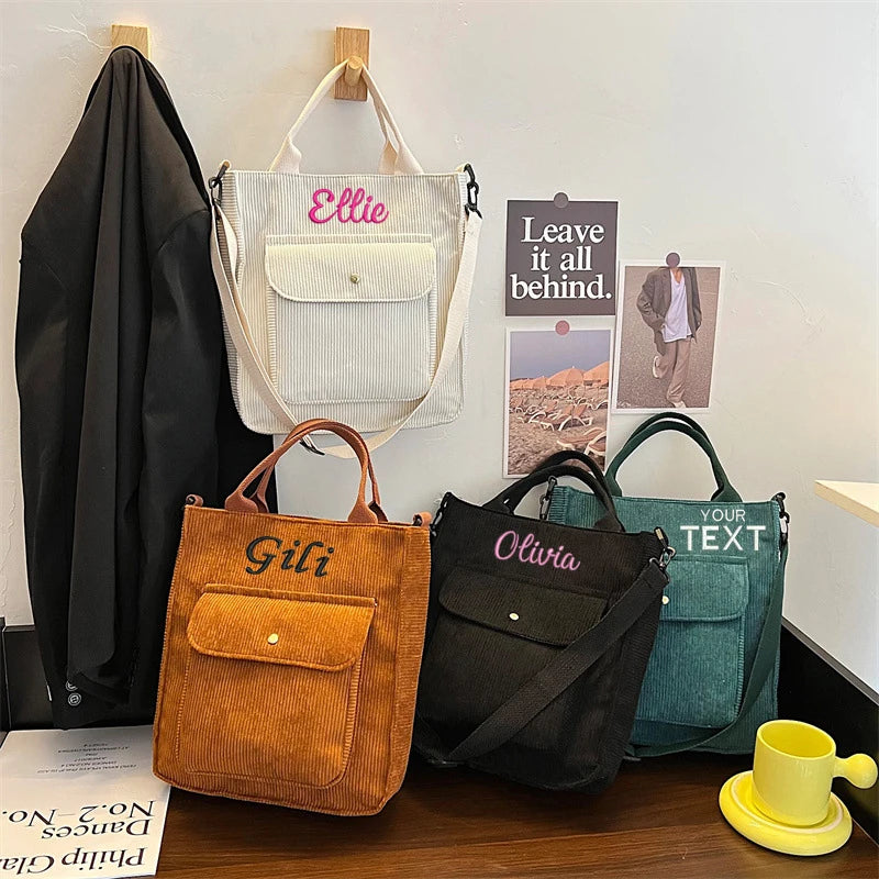 Personalized Name Corduroy Shoulder Bag Canvas Handbag