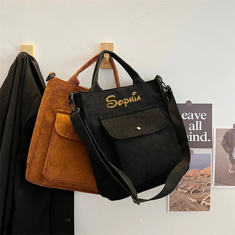 Personalized Name Corduroy Shoulder Bag Canvas Handbag