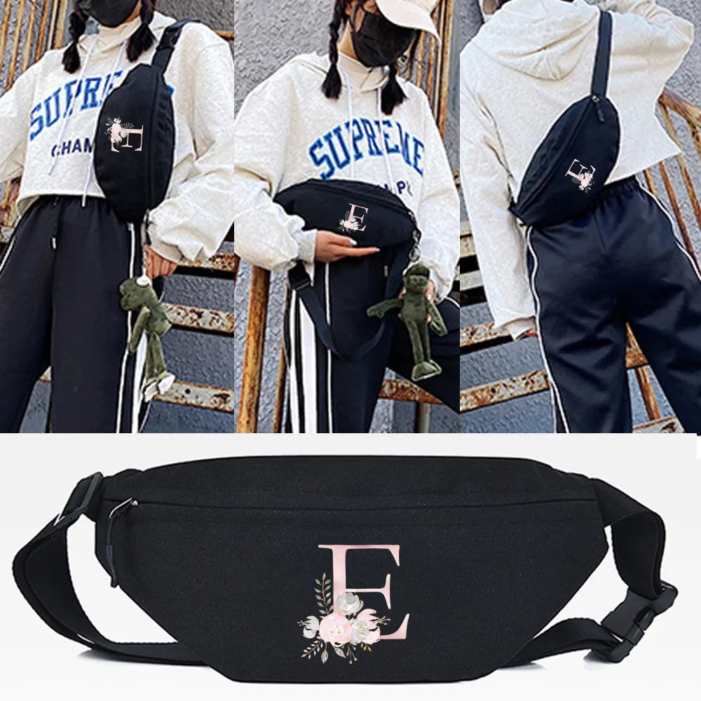Pink Flower B Print Waist Bags Unisex Crossbody Running Bag