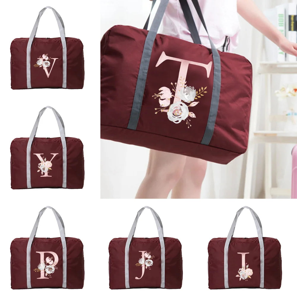 Pink Flower Letter Pattern Travel Bag Large Capacity Portable Luggage