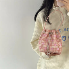 Pink Heart Embroidered Ladies Bucket Purse Handbag