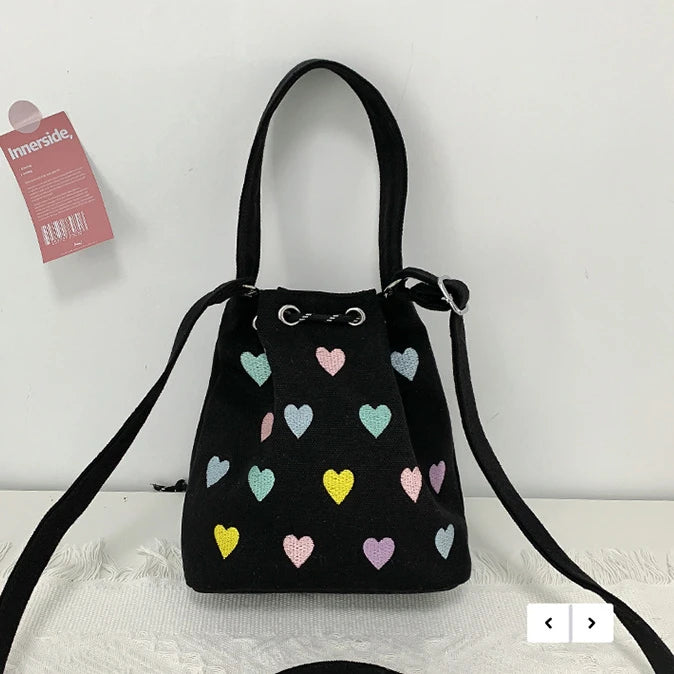 Pink Heart Embroidered Bucket Purse Handbag Love Women Messenger Bag