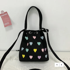 Pink Heart Embroidered Bucket Purse Handbag Love Women Messenger Bag