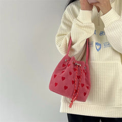 Pink Heart Bucket Purse Handbag Love Women Messenger Bag Drawstring Female Girls