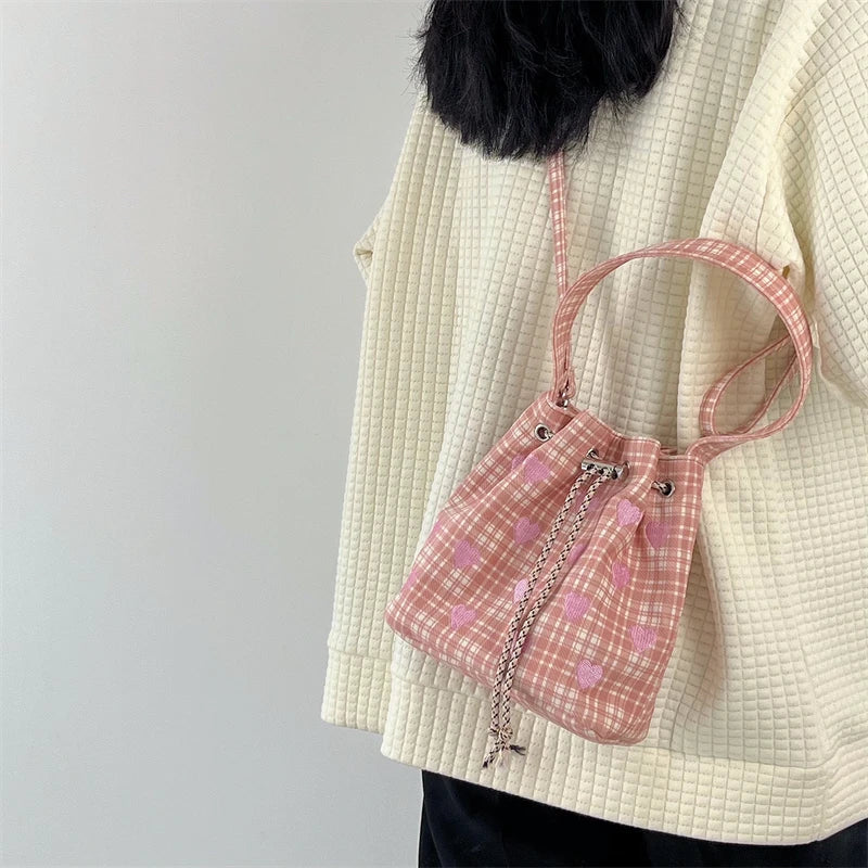 Pink Heart Bucket Purse Handbag Love Women Messenger Bag Drawstring Female Girls