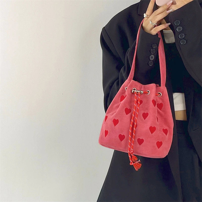 Pink Heart Embroidered Bucket Purse Handbag Love Women Messenger Bag