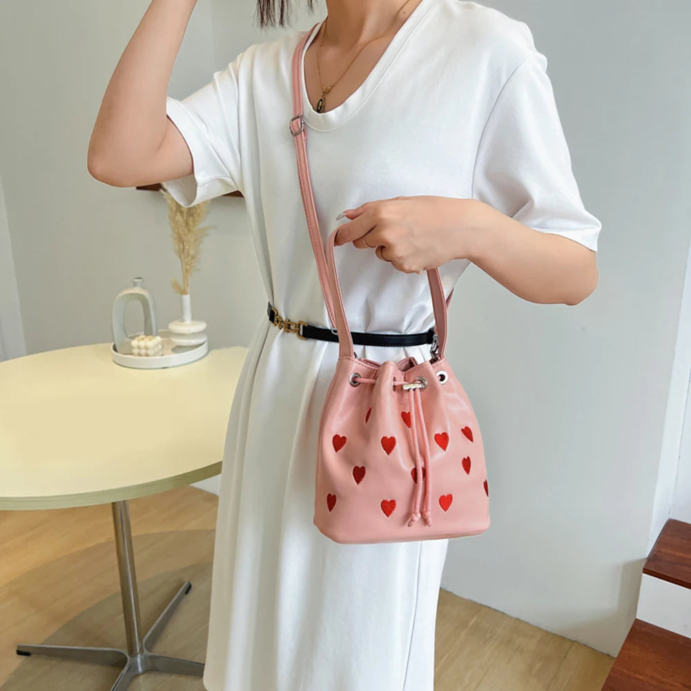Pink Heart Embroidered Bucket Purse Women Messenger Bag