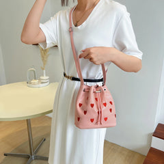 Pink Heart Embroidered Bucket Purse Women Messenger Bag