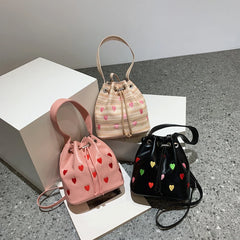 Pink Heart Embroidered Bucket Purse Women Messenger Bag