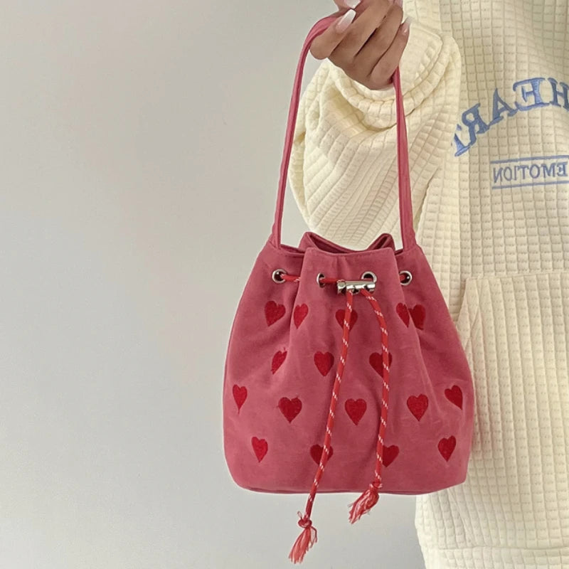 Pink Heart Bucket Purse Handbag Love Women Messenger Bag Drawstring Female Girls