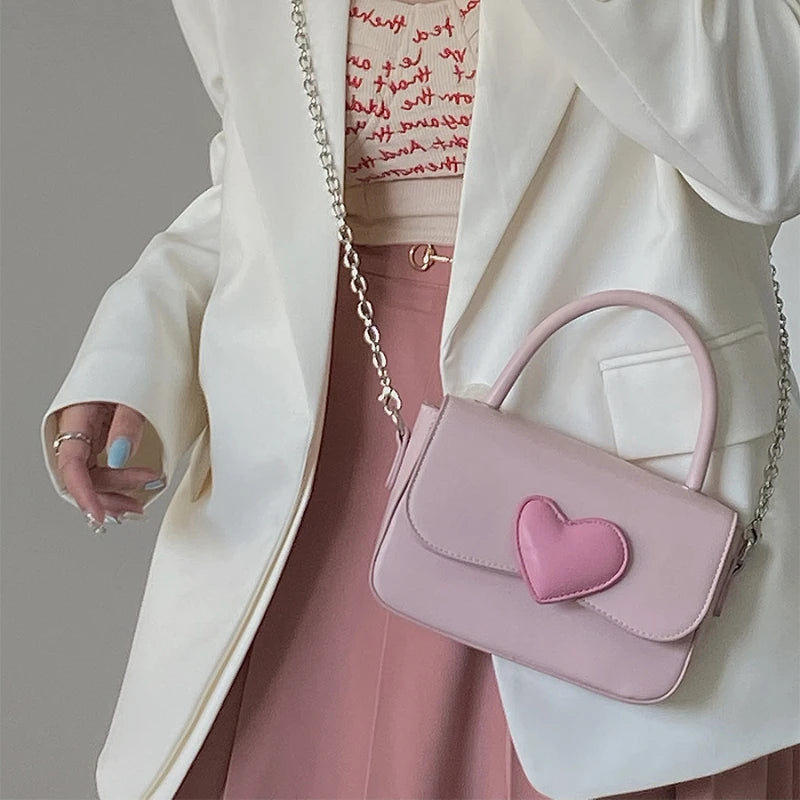 Pink Heart Small Square Shoulder Bag Chain Top Handle Messenger Bags