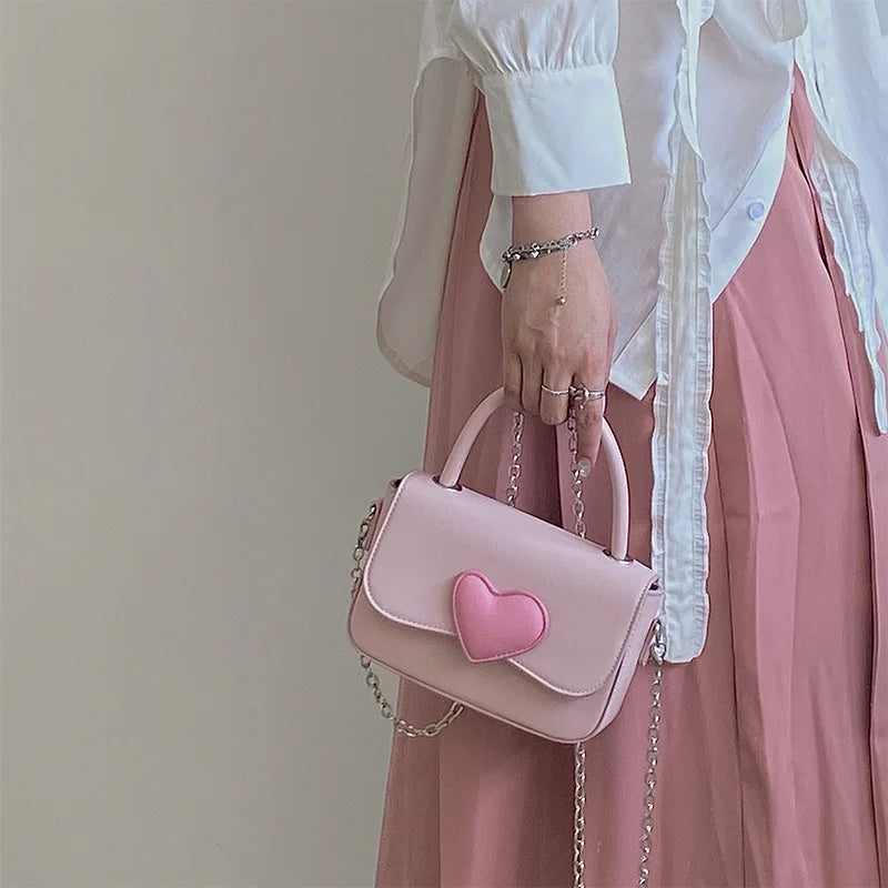 Pink Heart Small Square Shoulder Bag Chain Top Handle Messenger Bags