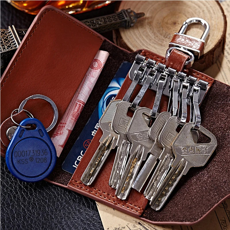 Pink Leather Key Holder Organizer Zipper Ring Case