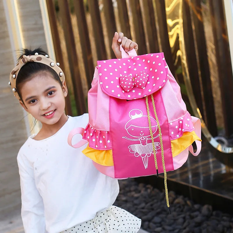 Girls Ballet Dance Bag School Backpack Dot Bow Lace Tiered Ruffle