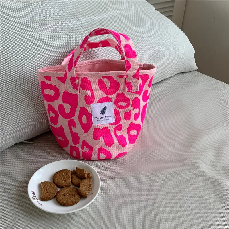 Pink Leopard Print Shoulder Bag Canvas Handbag Women Tote Bag