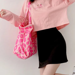 Pink Leopard Shoulder Bag Women's Large Capacity Casual Totes Ladies Canvas Bags