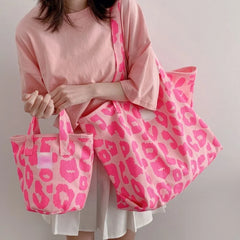 Pink Leopard Shoulder Bag Women's Large Capacity Casual Totes Ladies Canvas Bags