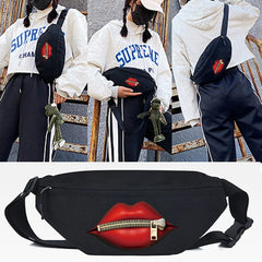 Pink Lips Print Waist Pack Travel Chest Bag Zipped Crossbody Bag