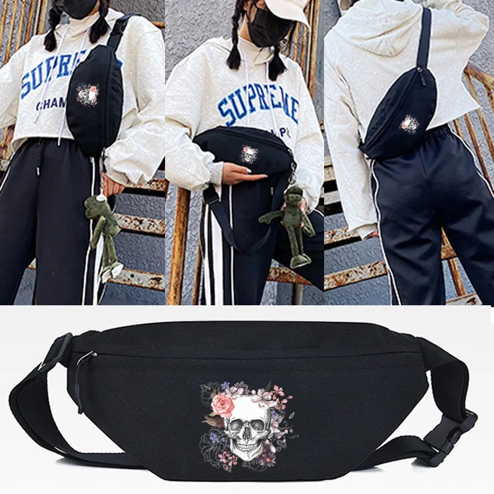 Rose Skull Print Waist Bag Outdoor Sports Unisex Fanny Pack