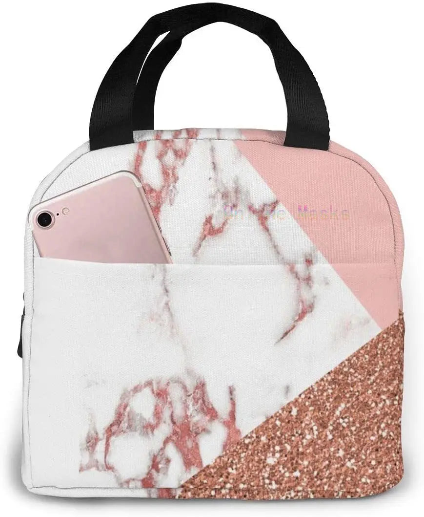 Pink Marble Glitter Lunch Bag Cooler Women Tote Insulated Lunch Box