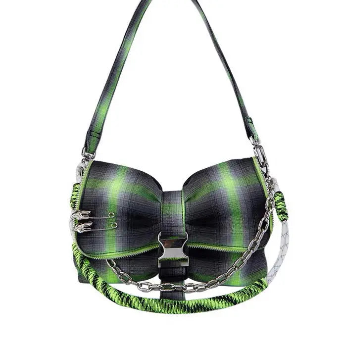 Plaid Bow Shoulder Bags Hip-pop Chains Underarm Style Harajuku Handbags
