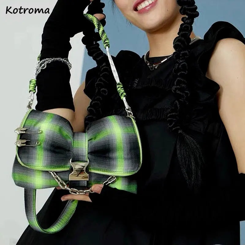 Plaid Bow Shoulder Bags Hip-pop Chains Underarm Style Harajuku Handbags