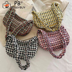 Vintage Plaid Ladies Tote Bag Half Moon Shape Female Hand Bag for Weekend Vacati
