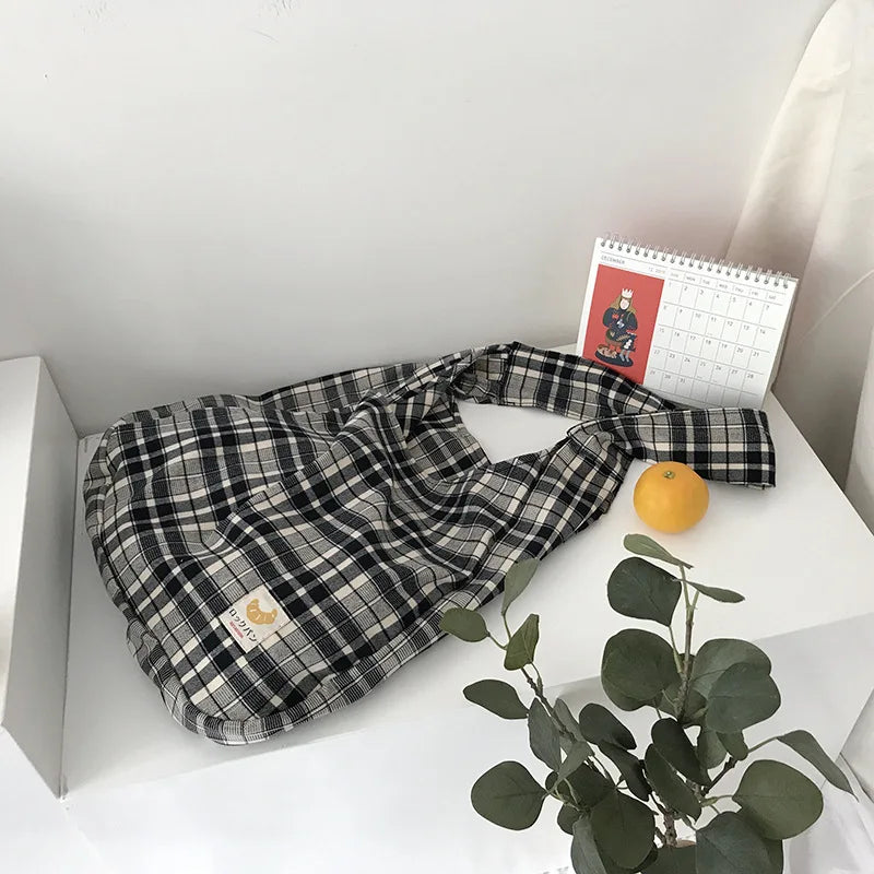 Plaid Women Shoulder Bag Soft Cloth Fabric Handbag Large Capacity Cotton Tote