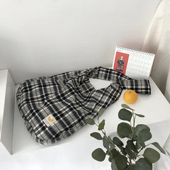 Plaid Women Shoulder Bag Soft Cloth Fabric Handbag Large Capacity Cotton Tote