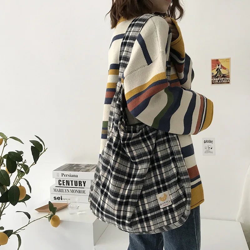 Plaid Women Shoulder Bag Soft Cloth Fabric Handbag Large Capacity Cotton Tote