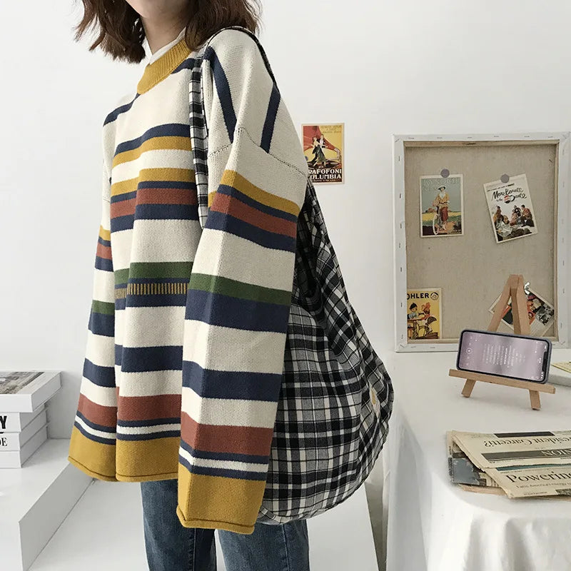 Plaid Women Shoulder Bag Soft Cloth Fabric Handbag Large Capacity Cotton Tote