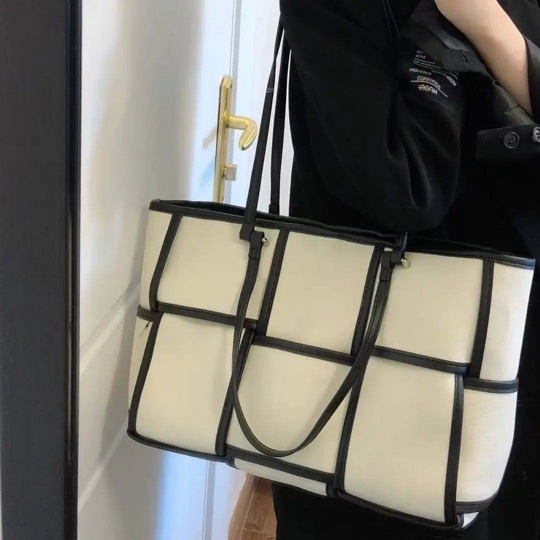 Plaid Canvas Tote Bag Large Capacity Shoulder Bag Commuter Texture Purse