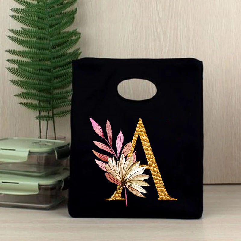 Plant Letter Print Lunch Bag Thermal Insulated Bento Box Tote Cooler Handbag