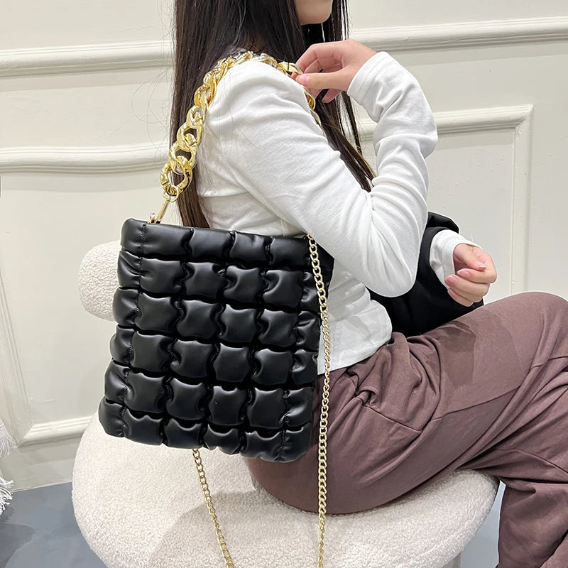 Plaid Chain Tote Bag Winter PU Leather Women's Handbag
