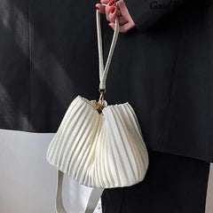 Pleated Stripe Bucket Bag Leather Shoulder Bags For Women