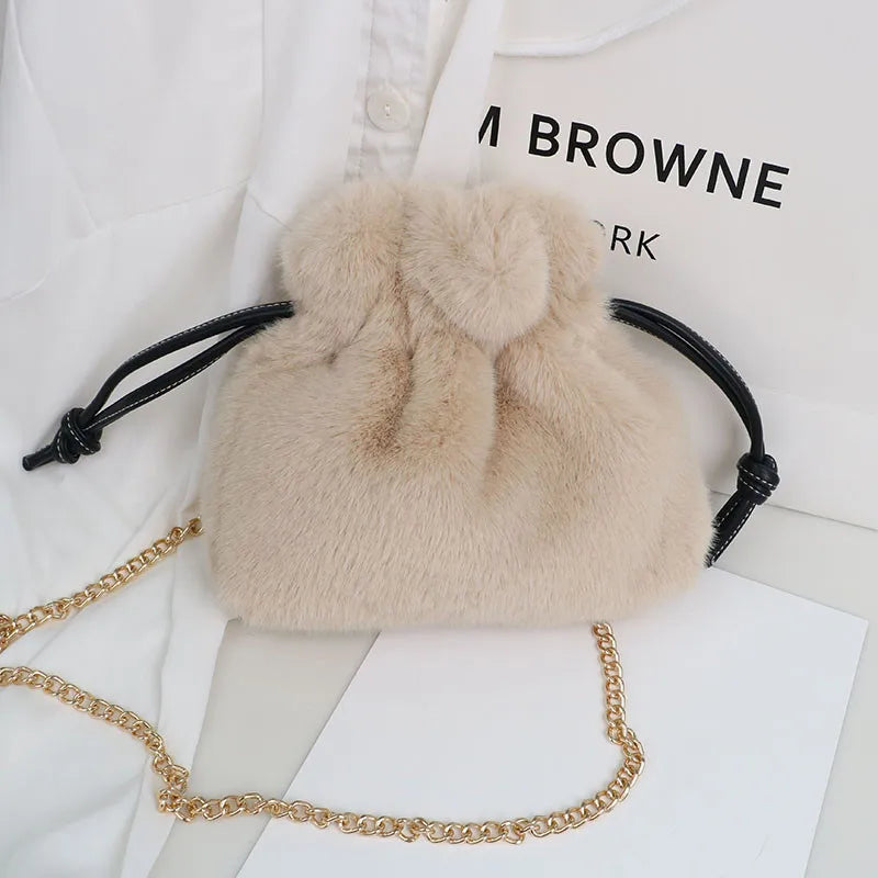 Plush Bucket Bag with Chain Strap