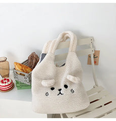 Plush Tote Bag Women Cartoon Embroidery Handbag Faux Lamb Wool Shoulder Bags