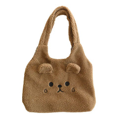 Plush Tote Bag Women Cartoon Embroidery Handbag Faux Lamb Wool Shoulder Bags