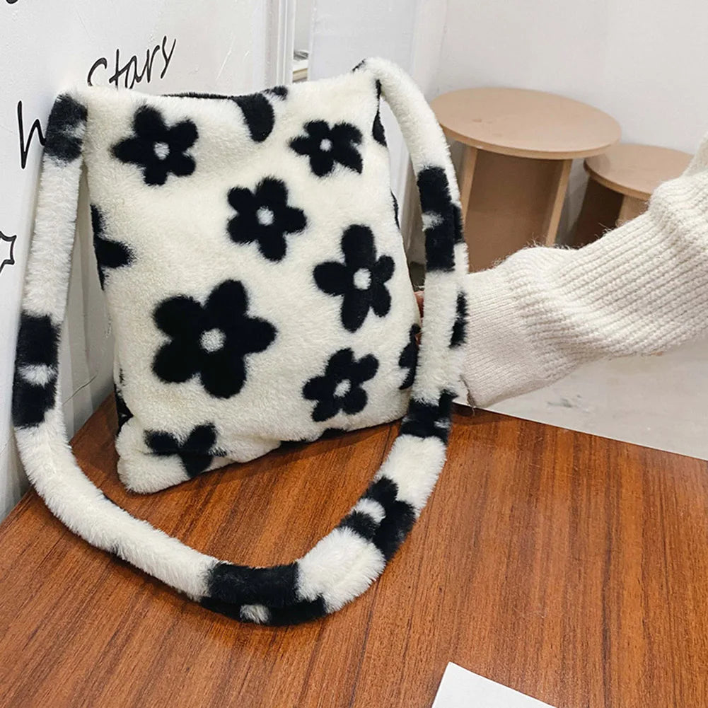 Women's Winter Soft Flower Print Shoulder Bag Purse Handbag Tote