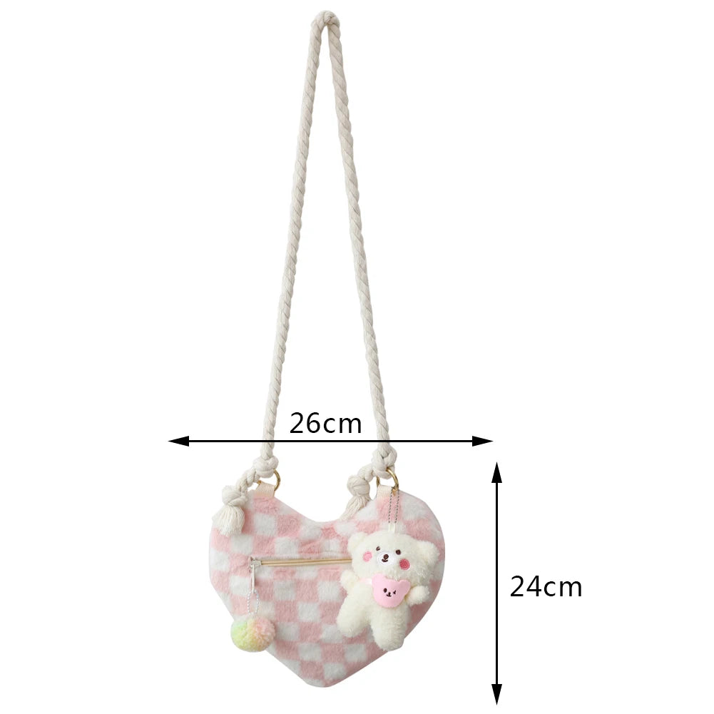 Peach Heart Handbag for Women Lightweight Zipper Satchel with Pendant