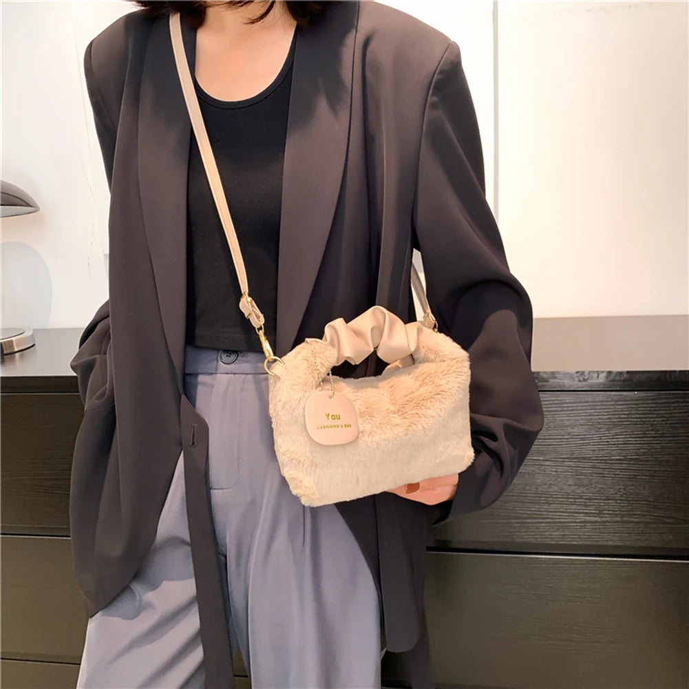 Plush Shoulder Bags for Women PU Strap Cloud Fold Furry Handbags