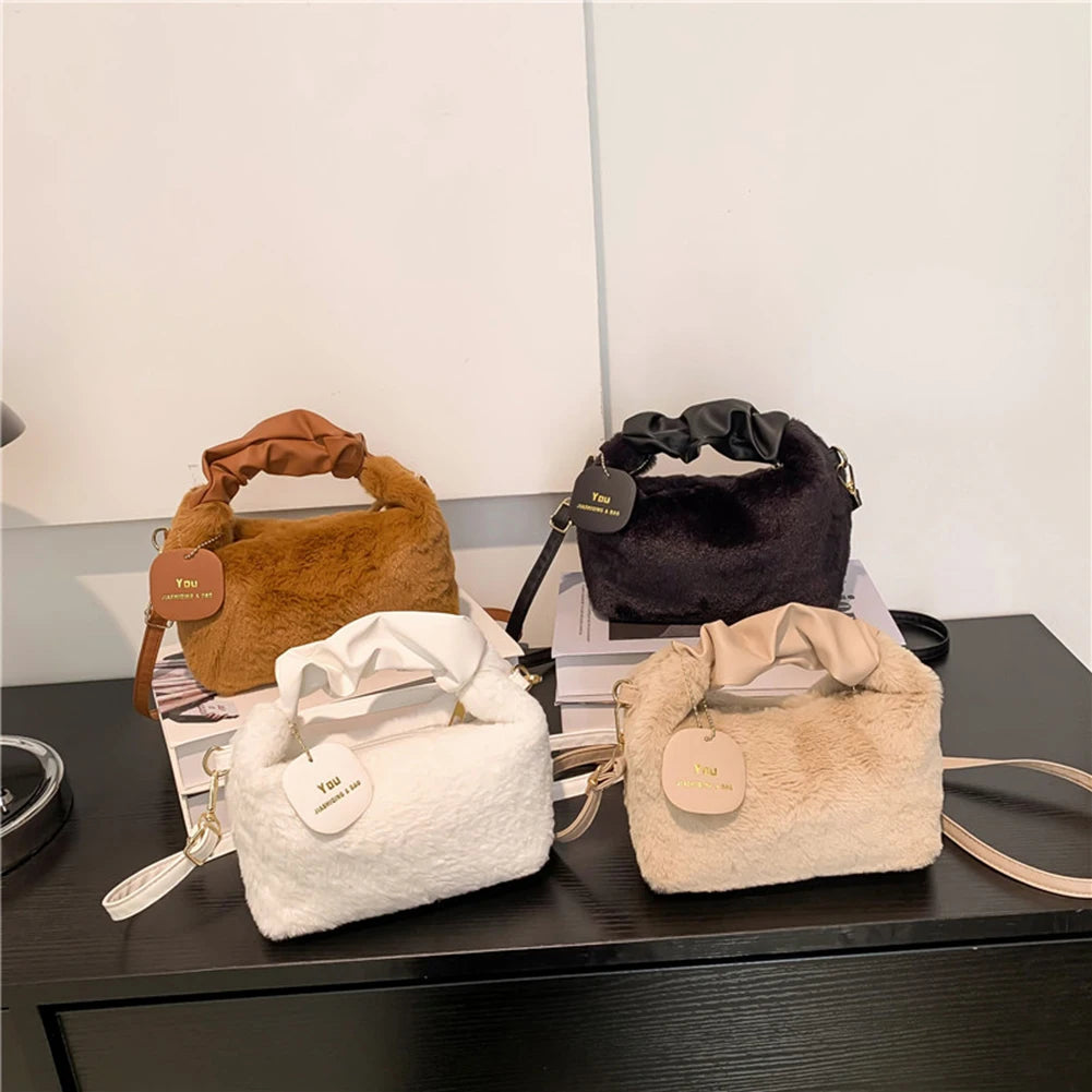 Plush Shoulder Bags for Women PU Strap Cloud Fold Furry Handbags