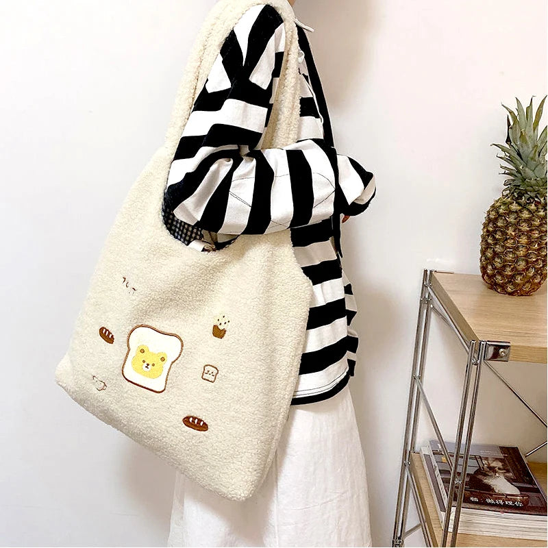 Embroidered Plush Tote Bags for Women - Large Capacity Handbags
