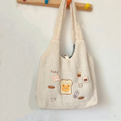 Embroidered Plush Tote Bags for Women - Large Capacity Handbags