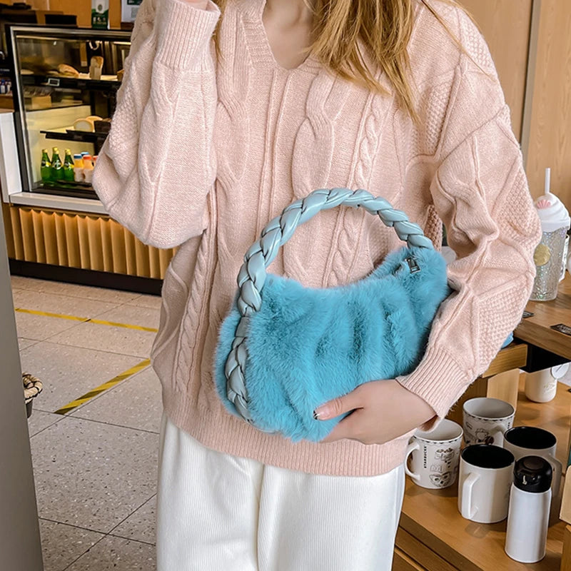Plush Twist Braid Handbag Top Handle Tote Bag