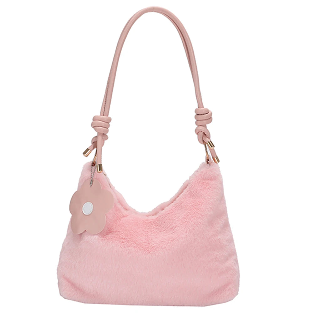 Soft Plush Underarm Bag with Flower Pendant