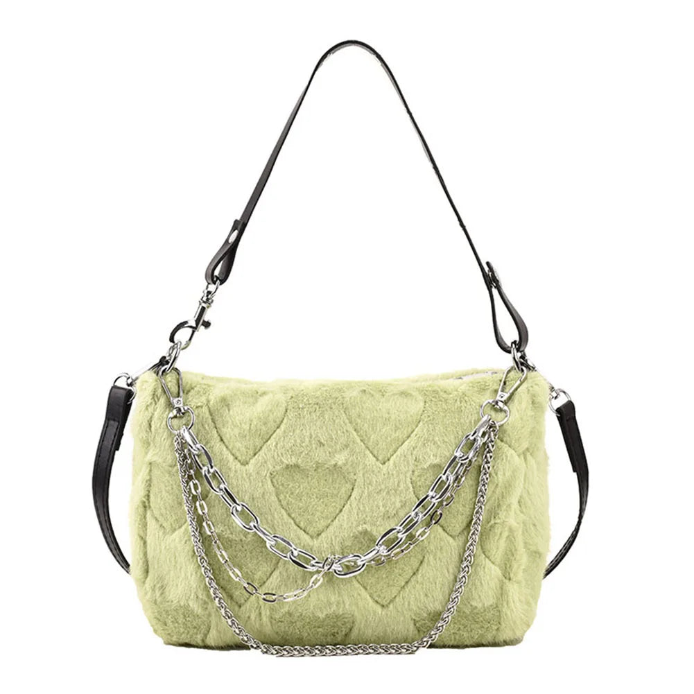 Soft Plush Underarm Handbag with Multi-layer Chains for Travel