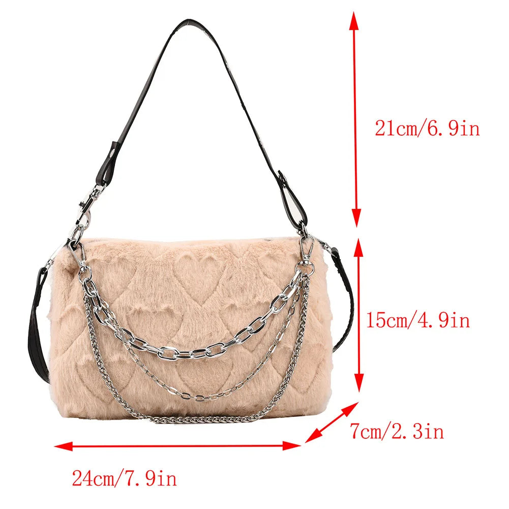 Soft Plush Underarm Handbag with Multi-layer Chains for Travel