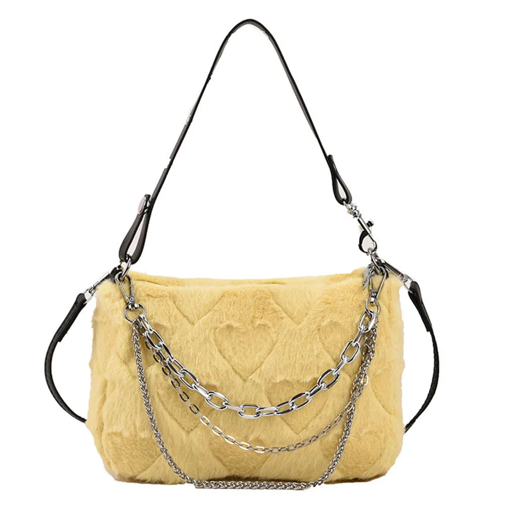 Soft Plush Underarm Handbag with Multi-layer Chains for Travel